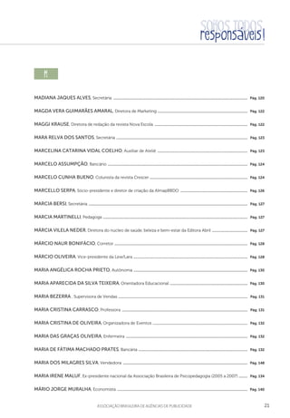 21aSSOCIAÇÃO BRASILEIRA DE AGÊNCIAS DE PUBLICIDADE
m  
Madiana Jaques Alves, Secretária .............................................................................................................................................  Pág. 120
Magda Vera Guimarães Amaral, Diretora de Marketing ..............................................................................................  Pág. 122
Maggi Krause, Diretora de redação da revista Nova Escola ..................................................................................................  Pág. 122
Mara Relva dos Santos, Secretária ..........................................................................................................................................  Pág. 123
Marcelina Catarina Vidal Coelho, Auxiliar de Ateliê ...............................................................................................  Pág. 123
Marcelo Assumpção, Bancário ...................................................................................................................................................  Pág. 124
Marcelo Cunha Bueno, Colunista da revista Crescer .......................................................................................................  Pág. 124
Marcello Serpa, Sócio-presidente e diretor de criação da AlmapBBDO .......................................................................  Pág. 126
Marcia Bersi, Secretária .......................................................................................................................................................................  Pág. 127
Marcia Martinelli, Pedagoga ........................................................................................................................................................  Pág. 127
Márcia Vilela Neder, Diretora do núcleo de saúde, beleza e bem-estar da Editora Abril ......................................  Pág. 127
Márcio Naur Bonifácio, Corretor ............................................................................................................................................  Pág. 128
Márcio Oliveira, Vice-presidente da Lew/Lara ........................................................................................................................  Pág. 128
Maria Angélica Rocha Prieto, Autônoma ........................................................................................................................  Pág. 130
Maria Aparecida da Silva Teixeira, Orientadora Educacional ..................................................................................  Pág. 130
Maria Bezerra , Supervisora de Vendas ........................................................................................................................................  Pág. 131
Maria Cristina Carrasco, Professora ....................................................................................................................................  Pág. 131
Maria Cristina de Oliveira, Organizadora de Eventos ....................................................................................................  Pág. 132
Maria Das Graças Oliveira, Enfermeira ................................................................................................................................  Pág. 132
Maria de Fátima Machado Prates, Bancária ...................................................................................................................  Pág. 132
Maria dos Milagres Silva, Vendedora ...................................................................................................................................  Pág. 148
Maria Irene Maluf, Ex-presidente nacional da Associação Brasileira de Psicopedagogia (2005 a 2007) ..........  Pág. 134
Mário Jorge Muralha, Economista .........................................................................................................................................  Pág. 140
 