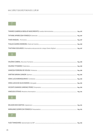 26
WWW.SOMOSTODOSRESPONSAVEIS.COM.BR
t  
Tamires Gabriela Básilio Nascimento, Auxiliar Administrativa ............................................................................  Pág. 187
Tatiane Aparecida Fonseca, Esteticista  ..............................................................................................................................  Pág. 187
Thaís Raquel , Promotora ..................................................................................................................................................................  Pág. 187
Thales Gomes Moreira, Chefe de Cozinha ............................................................................................................................  Pág. 189
Thatiana Segundo, Orientadora educacional do colégio Dante Alighieri ...................................................................  Pág. 187
v  
Valéria Cabral, Recursos Humanos .............................................................................................................................................  Pág. 189
Valéria Titanero, Publicitária .........................................................................................................................................................  Pág. 189
Vanessa Ferreira de Sousa, Professora ................................................................................................................................  Pág. 189
Vartan Sarian Junior, Químico .................................................................................................................................................  Pág. 190
Vera Lucia Branquinho, Confeiteira ......................................................................................................................................  Pág. 190
Vera Lucia da Silva Ramos, Advogada ...................................................................................................................................  Pág. 190
Vicente Damaso Jimenez Perez, Empresário ....................................................................................................................  Pág. 190
Vinícios Otávio, Mecânico Aeronaútico .....................................................................................................................................  Pág. 191
w
Wilson dos Santos, Cabeleireiro ................................................................................................................................................  Pág. 191
Wirajane Gomes da Fonseca, Pesquisadora .....................................................................................................................  Pág. 191
y  
Yudi Tamashiro, Apresentador do SBT ........................................................................................................................................  Pág. 192
 