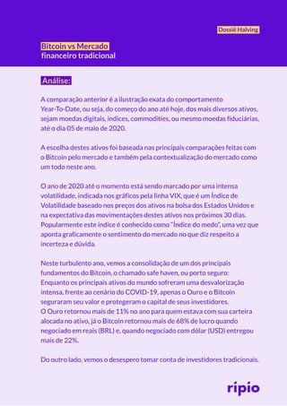 Dossiê Halving
Bitcoin vs Mercado
financeiro tradicional
Análise:
A comparação anterior é a ilustração exata do comportamento
Year-To-Date, ou seja, do começo do ano até hoje, dos mais diversos ativos,
sejam moedas digitais, índices, commodities, ou mesmo moedas fiduciárias,
até o dia 05 de maio de 2020.
A escolha destes ativos foi baseada nas principais comparações feitas com
o Bitcoin pelo mercado e também pela contextualização do mercado como
um todo neste ano.
O ano de 2020 até o momento está sendo marcado por uma intensa
volatilidade, indicada nos gráficos pela linha VIX, que é um Índice de
Volatilidade baseado nos preços dos ativos na bolsa dos Estados Unidos e
na expectativa das movimentações destes ativos nos próximos 30 dias.
Popularmente este índice é conhecido como “Índice do medo”, uma vez que
aponta graficamente o sentimento do mercado no que diz respeito a
incerteza e dúvida.
Neste turbulento ano, vemos a consolidação de um dos principais
fundamentos do Bitcoin, o chamado safe haven, ou porto seguro:
Enquanto os principais ativos do mundo sofreram uma desvalorização
intensa, frente ao cenário do COVID-19, apenas o Ouro e o Bitcoin
seguraram seu valor e protegeram o capital de seus investidores.
O Ouro retornou mais de 11% no ano para quem estava com sua carteira
alocada no ativo, já o Bitcoin retornou mais de 68% de lucro quando
negociado em reais (BRL) e, quando negociado com dólar (USD) entregou
mais de 22%.
Do outro lado, vemos o desespero tomar conta de investidores tradicionais.
 
