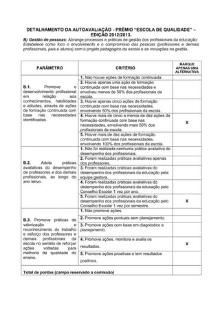 DETALHAMENTO DA AUTOAVALIAÇÃO - PRÊMIO “ESCOLA DE QUALIDADE” –
EDIÇÃO 2012/2013.
B) Gestão de pessoas: Abrange processos e práticas de gestão dos profissionais da educação:
Estabelece como foco o envolvimento e o compromisso das pessoas (professores e demais
profissionais, pais e alunos) com o projeto pedagógico da escola e as inovações na gestão.
PARÂMETRO CRITÉRIO
MARQUE
APENAS UMA
ALTERNATIVA
B.1. Promove o
desenvolvimento profissional
em relação aos
conhecimentos, habilidades
e atitudes, através de ações
de formação continuada com
base nas necessidades
identificadas.
1. Não houve ações de formação continuada.
2. Houve apenas uma ação de formação
continuada com base nas necessidades e
envolveu menos de 50% dos profissionais da
escola.
3. Houve apenas cinco ações de formação
continuada com base nas necessidades,
envolvendo 50% dos profissionais da escola.
4. Houve mais de cinco e menos de dez ações de
formação continuada com base nas
necessidades, envolvendo mais 50% dos
profissionais da escola.
X
5. Houve mais de dez ações de formação
continuada com base nas necessidades,
envolvendo 100% dos profissionais da escola.
B.2. Adota práticas
avaliativas do desempenho
de professores e dos demais
profissionais, ao longo do
ano letivo.
1. Não foi realizada nenhuma prática avaliativa do
desempenho dos profissionais.
2. Foram realizadas práticas avaliativas apenas
dos professores.
3. Foram realizadas práticas avaliativas do
desempenho dos profissionais da educação pela
equipe gestora.
4. Foram realizadas práticas avaliativas do
desempenho dos profissionais da educação pelo
Conselho Escolar 1 vez por ano.
5. Foram realizadas práticas avaliativas do
desempenho dos profissionais da educação pelo
Conselho Escolar 1 vez por semestre.
X
B.3. Promove práticas de
valorização e
reconhecimento do trabalho
e esforço dos professores e
demais profissionais da
escola no sentido de reforçar
ações voltadas para
melhoria da qualidade do
ensino.
1. Não promove ações.
2. Promove ações pontuais sem planejamento.
3. Promove ações com base em diagnóstico e
planejamento.
4. Promove ações, monitora e avalia os
resultados.
X
5. Promove ações proativas e tem resultados
positivos.
Total de pontos (campo reservado a comissão)
 