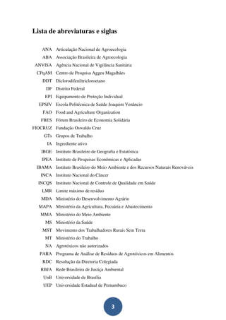 Lista de abreviaturas e siglas

    ANA Articulação Nacional de Agroecologia
    ABA Associação Brasileira de Agroecologia
ANVISA Agência Nacional de Vigilância Sanitária
 CPqAM Centro de Pesquisa Aggeu Magalhães
    DDT Diclorodifeniltricloroetano
      DF Distrito Federal
     EPI Equipamento de Proteção Individual
  EPSJV Escola Politécnica de Saúde Joaquim Venâncio
    FAO Food and Agriculture Organization
   FBES Fórum Brasileiro de Economia Solidária
FIOCRUZ Fundação Oswaldo Cruz
     GTs Grupos de Trabalho
      IA Ingrediente ativo
   IBGE Instituto Brasileiro de Geografia e Estatística
   IPEA Instituto de Pesquisas Econômicas e Aplicadas
 IBAMA Instituto Brasileiro do Meio Ambiente e dos Recursos Naturais Renováveis
   INCA Instituto Nacional do Câncer
  INCQS Instituto Nacional de Controle de Qualidade em Saúde
    LMR Limite máximo de resíduo
   MDA Ministério do Desenvolvimento Agrário
  MAPA Ministério da Agricultura, Pecuária e Abastecimento
   MMA Ministério do Meio Ambiente
     MS Ministério da Saúde
    MST Movimento dos Trabalhadores Rurais Sem Terra
     MT Ministério do Trabalho
     NA Agrotóxicos não autorizados
   PARA Programa de Análise de Resíduos de Agrotóxicos em Alimentos
    RDC Resolução da Diretoria Colegiada
   RBJA Rede Brasileira de Justiça Ambiental
    UnB Universidade de Brasília
    UEP Universidade Estadual de Pernambuco



                                        3
 