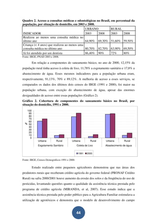 Quadro 2. Acesso a consultas médicas e odontológicas no Brasil, em percentual da
população, por situação de domicílio, em 2003 e 2008.
                                              URBANO            RURAL
INDICADOR                                     2003    2008      2003    2008
Realizou ao menos uma consulta médica no
último ano                                    64,90% 69,30% 51,60% 59,50%
Criança (< 4 anos) que realizou ao menos uma
consulta médica no último ano                 80,70% 82,70% 63,90% 69,50%
Já foi atendido por um dentista               86,40% 90%        72%     80%
Fonte: IBGE, PNAD 2003 e 2008.

         Em relação a componentes do saneamento básico, no ano de 2000, 12,15% da
população rural tinha acesso à coleta de lixo, 11,78% a esgotamento sanitário e 17,8% a
abastecimento de água. Esses mesmos indicadores para a população urbana eram,
respectivamente, 91,13%, 70% e 89,12%. A melhoria de acesso a esses serviços, se
comparados os dados dos últimos dois censos do IBGE (1991 e 2000), foi maior na
população urbana, com exceção do abastecimento de água, apesar das enormes
desigualdades de acesso entre essas populações (Gráfico 2).
Gráfico 2. Cobertura de componentes do saneamento básico no Brasil, por
situação do domicílio, 1991 e 2000.
   100
    90
    80
    70
    60
  % 50
    40
    30
    20
    10
     0
             Urbana         Rural         Urbana           Rural   Urbana        Rural
             Esgotamento Sanitário              Coleta de Lixo     Abastecimento de água


                                                 1991   2000

Fonte: IBGE, Censos Demográficos 1991 e 2000.

         Estudo realizado entre pequenos agricultores demonstrou que nas áreas dos
produtores rurais que receberam crédito agrícola do governo federal (PRONAF Crédito
Rural) na safra 2000/2001 houve aumento da erosão dos solos e da freqüência do uso de
pesticidas, levantando questões quanto a qualidade da assistência técnica prestada pelo
programa de crédito agrícola (MIRANDA, et al, 2007). Esse estudo indica que a
assistência técnica prestada pelo poder público para a Agricultura Familiar estimulava a
utilização de agrotóxicos e demonstra que o modelo de desenvolvimento do campo



                                                44
 