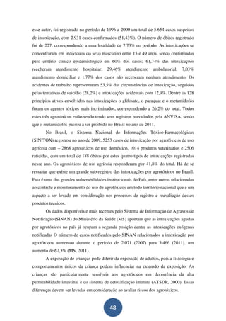 esse autor, foi registrado no período de 1996 a 2000 um total de 5.654 casos suspeitos
de intoxicação, com 2.931 casos confirmados (51,43%). O número de óbitos registrado
foi de 227, correspondendo a uma letalidade de 7,73% no período. As intoxicações se
concentraram em indivíduos do sexo masculino entre 15 e 49 anos, sendo confirmadas
pelo critério clínico epidemiológico em 60% dos casos; 61,74% das intoxicações
receberam    atendimento    hospitalar;   29,46%   atendimento    ambulatorial;   7,03%
atendimento domiciliar e 1,77% dos casos não receberam nenhum atendimento. Os
acidentes de trabalho representaram 53,5% das circunstâncias de intoxicação, seguidos
pelas tentativas de suicídio (28,2%) e intoxicações acidentais com 12,9%. Dentre os 128
princípios ativos envolvidos nas intoxicações o glifosato, o paraquat e o metamidofós
foram os agentes tóxicos mais incriminados, correspondendo a 26,2% do total. Todos
estes três agrotóxicos estão sendo tendo seus registros reavaliados pela ANVISA, sendo
que o metamidofós passou a ser proibido no Brasil no ano de 2011.
       No Brasil, o Sistema Nacional de Informações Tóxico-Farmacológicas
(SINITOX) registrou no ano de 2009, 5253 casos de intoxicação por agrotóxicos de uso
agrícola com – 2868 agrotóxicos de uso doméstico, 1014 produtos veterinários e 2506
raticidas, com um total de 188 óbitos por estes quatro tipos de intoxicações registradas
nesse ano. Os agrotóxicos de uso agrícola responderam por 41,8% do total. Há de se
ressaltar que existe um grande sub-registro das intoxicações por agrotóxicos no Brasil.
Esta é uma das grandes vulnerabilidades institucionais do País, entre outras relacionadas
ao controle e monitoramento do uso de agrotóxicos em todo território nacional que é um
aspecto a ser levado em consideração nos processos de registro e reavaliação desses
produtos técnicos.
       Os dados disponíveis e mais recentes pelo Sistema de Informação de Agravos de
Notificação (SINAN) do Ministério da Saúde (MS) apontam que as intoxicações agudas
por agrotóxicos no país já ocupam a segunda posição dentre as intoxicações exógenas
notificadas O número de casos notificados pelo SINAN relacionados a intoxicação por
agrotóxicos aumentou durante o período de 2.071 (2007) para 3.466 (2011), um
aumento de 67,3% (MS, 2011).
       A exposição de crianças pode diferir da exposição de adultos, pois a fisiologia e
comportamentos únicos da criança podem influenciar na extensão da exposição. As
crianças são particularmente sensíveis aos agrotóxicos em decorrência da alta
permeabilidade intestinal e do sistema de detoxificação imaturo (ATSDR, 2000). Essas
diferenças devem ser levadas em consideração ao avaliar riscos dos agrotóxicos.


                                           48
 