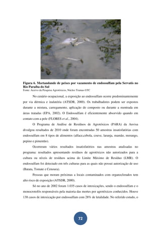 Figura 6. Mortandande de peixes por vazamento de endossulfam pela Servatis no
Rio Paraíba do Sul
Fonte: Acervo da Pesquisa Agrotóxicos, Núcleo Tramas-UFC

       No cenário ocupacional, a exposição ao endossulfam ocorre predominantemente
por via dérmica e inalatória (ATSDR, 2000). Os trabalhadores podem ser expostos
durante a mistura, carregamento, aplicação do composto ou durante a reentrada em
áreas tratadas (EPA, 2002). O Endossulfam é eficientemente absorvido quando em
contato com a pele (FLORES et al., 2004).
       O Programa de Análise de Resíduos de Agrotóxicos (PARA) da Anvisa
divulgou resultados de 2010 onde foram encontradas 50 amostras insatisfatórias com
endossulfam em 8 tipos de alimentos (alface,cebola, couve, laranja, mamão, morango,
pepino e pimentão).
       Ocorreram vários resultados insatisfatórios nas amostras analisadas no
programa: resultados apresentando resíduos de agrotóxicos não autorizados para a
cultura ou níveis de resíduos acima do Limite Máximo de Resíduo (LMR). O
endossulfam foi detectado em três culturas para as quais não possui autorização de uso
(Batata, Tomate e Cenoura).
       Pessoas que moram próximas a locais contaminados com organoclorados tem
alto risco de exposição (ATSDR, 2000).
       Só no ano de 2002 foram 1.035 casos de intoxicações, sendo o endossulfam e o
monocrotofós responsáveis pela maioria das mortes por agrotóxicos conhecidos. Houve
138 casos de intoxicação por endossulfam com 28% de letalidade. No referido estudo, o




                                              72
 