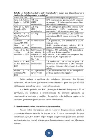 Tabela 3. Estudos brasileiros entre trabalhadores rurais que dimensionaram o
destino das embalagens dos agrotóxicos.
Autor, local, ano     N               Destino das embalagens de agrotóxicos
Faria et al, Antonio 495 prop         65% enterravam ou queimavam, 18 largavam
Prado e Ipê/RS, (1479                 no campo, 11% tinham depósitos específicos
2000                  entrevistados)  (não existia coleta seletiva)
Faria et al, Bento 235 prop           86,3% entregavam para coleta seletiva, 9,8%
Gonçalves/RS,         (290            queimavam,        11,1%       queimavam   ou
2009                  entrevistados)  enterravam, 3,8% armazenavam na prop
Jacobson et al, 134 prop              23,7% enterra ou queima, 51,5% devolve ao
Alto Sta Maria/ES,                    comerciante, 22,8% guarda na prop e 2% joga
2009                                  no rio
Cachoeira         de 40 entrevistados 27,5 queimavam, 25% enterravam e 27,5%
macacu/RJ, 2005                       jogavam no rio
Lima       et     al, 135             80,8% reciclagem/coleta seletiva, 16,2%
Pelotas/RS, 2008      entrevistados   queima ou enterra e 3 deixa na lavoura
Araujo et al, duas Entrevistados 27 Irrigação: 37% enterradas, 18,5 queimadas e
regiões           de no distrito de 44,5% sem destino específico
Pernambuco, 2007 Irrigação e 159 Camocim: 54,4% deixava no campo ou lixo
                      no Camocim de comum e 1,9% reaproveitavam
                      São Felix
Bedor et al, Vale 300                 7% queimadas, 13% retidas na prop, 2%
do São Francisco, entrevistados       devolvidas ao comerciante e 78% entregues
2009                                  na Assoc. Comercio Agrop.(local da coleta
                                      seletiva)
Recena       et   al, 40 agricultores 54,4% estocam em casa e 8,4% entregam ao
Culturama/MS,         (grupo focal)   posto de recolhimento específico
2008

       Existe também o problema das embalagens decorrentes dos biocidas
veterinários, dos utilizados por desinsetizadoras urbanas e pelos serviços de saúde
pública para o controle de vetores / reservatórios animais.
       A ANVISA publicou uma RDC (Resolução de Diretoria Colegiada) nº 52, de
22/10/2009, que estabelece a responsabilidade das empresas aplicadoras de
ciomissanitários inseticidas e raticidas, do comércio e das indústrias produtoras de
inseticidas que também geram resíduos sólidos contaminados.


3.5 Estudos envolvendo a contaminação de mananciais
       Pessoas podem estar expostas a níveis excessivos de agrotóxicos no trabalho e
por meio do alimento, do solo, da água ou do ar. E com a contaminação de águas
subterrâneas, lagos, rios e outros corpos de água, os agrotóxicos podem ainda poluir os
suprimentos de água potável, peixes e outras fontes muitas vezes vitais para o bem-estar
humano.



                                           77
 