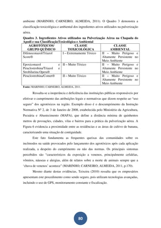 ambiente (MARINHO; CARNEIRO; ALMEIDA, 2011). O Quadro 3 demonstra a
classificação toxicológica e ambiental dos ingredientes ativos utilizados na pulverização
aérea.
Quadro 3. Ingredientes Ativos utilizados na Pulverização Aérea na Chapada do
Apodi e sua ClassificaçãoToxicológica e Ambiental
    AGROTÓXICOS/                     CLASSE                   CLASSE
   GRUPO QUÍMICO                 TOXICOLÓGICA              AMBIENTAL
Difenoconazol/Triazol       I – Extremamente Tóxico   II – Muito Perigoso e
Score®                                                Altamente Persistente no
                                                      Meio Ambiente
Epoxiconazol             e II – Muito Tóxico          II – Muito Perigoso e
Piraclostrobina/Triazol  e                            Altamente Persistente no
Strobilurina Opera®                                   Meio Ambiente
Piraclostrobina/Comet®      II – Muito Tóxico         II – Muito Perigoso e
                                                      Altamente Persistente no
                                                      Meio Ambiente
Fonte: MARINHO; CARNEIRO; ALMEIDA, 2011.

         Ressalta-se a inoperância e deficiência das instituições públicas responsáveis por
efetivar o cumprimento das atribuições legais e normativas que dizem respeito ao “uso
seguro” dos agrotóxicos na região. Exemplo disso é o descumprimento da Instrução
Normativa Nº 2, de 3 de Janeiro de 2008, estabelecida pelo Ministério da Agricultura,
Pecuária e Abastecimento (MAPA), que define a distância mínima de quinhentos
metros de povoações, cidades, vilas e bairros para a prática da pulverização aérea. A
Figura 6 evidencia a proximidade entre as residências e as áreas de cultivo de banana,
caracterizando uma situação de contiguidade.
         Este fato fundamenta as frequentes queixas das comunidades sobre os
incômodos na saúde provocados pelo lançamento dos agrotóxicos após cada aplicação
realizada, a despeito do cumprimento ou não das normas. Os principais sintomas
percebidos são “característicos da exposição a venenos, principalmente cefaléias,
vômitos, náuseas e alergias, além de relatos sobre a morte de animais sempre que a
‘chuva de venenos’ acontece” (MARINHO; CARNEIRO; ALMEIDA, 2011, p.170).
         Mesmo diante destas evidências, Teixeira (2010) ressalta que os empresários
apresentam este procedimento como sendo seguro, pois utilizam tecnologias avançadas,
incluindo o uso de GPS, monitoramento constante e fiscalização.




                                            80
 