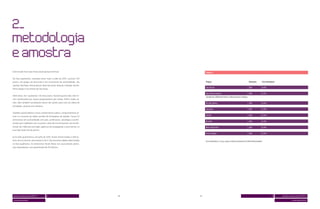 Este estudo teve duas fases de pesquisas intensas.                                          Tabela 1

Na fase qualitativa, realizada entre maio e julho de 2010, ouvimos 154
jovens, em grupos de discussão e em entrevistas de profundidade, nas                        Praças	                                                Amostra	            Erro Amostral
capitais São Paulo, Rio de Janeiro, Belo Horizonte, Brasília, Salvador, Recife,
                                                                                            São Paulo	                                             500	                4,4%
Porto Alegre e no Interior de São Paulo.

                                                                                            São Paulo Interior	                                    300	                5,7%
Além disso, nós “grudamos” em oito jovens. Durante quatro dias, eles fo-
                                                                                            Campinas, Ribeirão Preto e São José dos Campos
ram monitorados por nossos pesquisadores por celular, MSN e redes so-
ciais. Nós também convidamos outros dez jovens para criar um diário de                      Rio de Janeiro	                                        200	                6,9%
atividades, durante uma semana.
                                                                                            Salvador	                                              200	                6,9%
Também aprofundamos nosso conhecimento sobre o comportamento jo-
                                                                                            Recife	                                                200	                6,9%
vem e o consumo de mídia ouvindo 66 formadores de opinião. Foram 22
entrevistas em profundidade com pais, professores, psicólogos e profis-
                                                                                            Brasília	                                              200	                6,9%
sionais que trabalham com os jovens, além de 44 entrevistas com profis-
sionais de mídia das principais agências de propaganda e anunciantes no                     Belo Horizonte	                                        200	                6,9%
eixo São Paulo-Rio de Janeiro.
                                                                                            Porto Alegre	                                          200	                6,9%
Já na fase quantitativa, em julho de 2010, foram entrevistados 2.000 jo-
vens, de 12 a 30 anos, das classes A, B e C, das mesmas cidades selecionadas                Erro estatístico: 2,2 p.p. para o total da amostra (2.000 entrevistados)
na fase qualitativa. As entrevistas foram feitas nas casas desses jovens,
que responderam a um questionário de 45 minutos.




 dossiê universo jovem MTV 5            2                                         14   15                                                                                        2     dossiê universo jovem MTV 5

 screen generation                                                                                                                                                                               screen generation
 