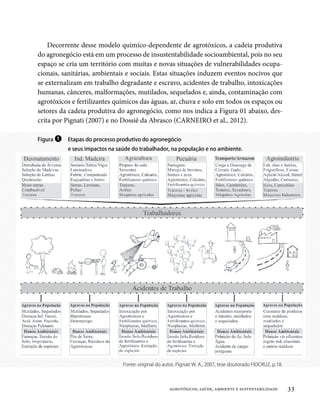 Decorrente desse modelo químico-dependente de agrotóxicos, a cadeia produtiva
do agronegócio está em um processo de insustentabilidade socioambiental, pois no seu
espaço se cria um território com muitas e novas situações de vulnerabilidades ocupa-
cionais, sanitárias, ambientais e sociais. Estas situações induzem eventos nocivos que
se externalizam em trabalho degradante e escravo, acidentes de trabalho, intoxicações
humanas, cânceres, malformações, mutilados, sequelados e, ainda, contaminação com
agrotóxicos e fertilizantes químicos das águas, ar, chuva e solo em todos os espaços ou
setores da cadeia produtiva do agronegócio, como nos indica a Figura 01 abaixo, des-
crita por Pignati (2007) e no Dossiê da Abrasco (CARNEIRO et al., 2012).

Figura ❶   Etapas do processo produtivo do agronegócio
           e seus impactos na saúde do trabalhador, na população e no ambiente.




                                Fonte: original do autor, Pignati W. A., 2007, tese doutorado FIOCRUZ, p.18.



                                                      agrotóxicos, saúde, ambiente e sustentabilidade          33
 