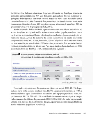 de 2004 revelou dados da situação de Segurança Alimentar no Brasil por situação de
domicílio: aproximadamente 35% dos domicílios particulares do país enfrentam al-
gum grau de insegurança alimentar, sendo a população rural a que mais sofre com a
carência alimentar: 43,45% dos domicílios particulares rurais enfrentam a situação de
insegurança alimentar, desses, 40% com insegurança alimentar de grau leve, 39% de
grau moderado e 21% de grau grave (IBGE, 2004).
    Ainda utilizando dados do IBGE, apresentamos dois indicadores em relação ao
acesso às ações e serviços de saúde, ambos comparando a população urbana com a
rural: acesso às consultas médicas e odontológicas e cobertura de componentes do sa-
neamento básico. Apesar da melhoria do acesso à assistência em saúde no período
compreendido entre 2003 e 2008, nesse ano, 20% da população rural informou nunca
ter sido atendida por um dentista e 30% das crianças menores de 4 anos não haviam
realizado consulta médica no último ano. Para a população urbana, também em 2008,
esses indicadores são de 10% e 17,3%, respectivamente. (Quadro 1)

 Quadro ❶ Acesso a consultas médicas e odontológicas no Brasil,
              em percentual da população, por situação de domicílio, em 2003 e 2008.


                                                      Urbano                          Rural
  Indicador
                                               2003            2008            2003           2008
  Realizou ao menos uma consulta
  médica no último ano                        64,90%          69,30%          51,60%          59,50%
  Criança ( 4 anos) que realizou ao menos
  uma consulta médica no último ano           80,70%          82,70%          63,90%          69,50%
  Já foi atendido por um dentista            86,40%            90%             72%            80%
                                                                         Fonte: IBGE, PNAD 2003 e 2008.


   Em relação a componentes do saneamento básico, no ano de 2000, 12,15% da po-
pulação rural tinha acesso à coleta de lixo, 11,78% a esgotamento sanitário e 17,8% a
abastecimento de água. Esses mesmos indicadores para a população urbana eram, res-
pectivamente, 91,13%, 70% e 89,12%. A melhoria de acesso a esses serviços, se compa-
rados os dados dos últimos dois censos do IBGE (1991 e 2000), foi maior na população
urbana, com exceção do abastecimento de água, apesar das enormes desigualdades de
acesso entre essas populações (Gráfico 2).



                                                      agrotóxicos, saúde, ambiente e sustentabilidade     45
 
