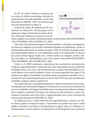 Os OP são ésteres fosfóricos compostos por
Agrotóxicos e saúde ambiental




                                     um átomo de fósforo pentavalente, derivado do            Figura ❹

                                     ácido fosfórico, do ácido tiofosfórico ou do ácido       Estrutura química geral dos (OP)

                                     ditiofosfórico (BRASIL, 1997). Sua estrutura quí-
                                     mica está representada na Figura 4.
                                         O átomo de fósforo da molécula do OP é po-
                                     larizável e os radicais R1 e R2 são grupos aril ou
                                     alquil que se ligam diretamente ao átomo de fós-
                                     foro, formando fosfinatos, ou através de um áto-
                                     mo de oxigênio ou de enxofre, formando fosfatos e fosforotioatos (HOLLINGWORTH,
                                     1976; CHAMBERS, 1995; COCKER et al., 2002).
                                         O R1 pode estar diretamente ligado ao átomo de fósforo e o R2 pode estar ligado por
                                     um átomo de oxigênio ou de enxofre, formando fosfonatos ou tiofosfonatos. Ainda, os
                                     fosforamidatos apresentam no mínimo um grupo -NH2 na molécula. Os grupos amino
                                     dos fosforamidatos podem ser: não substituídos, mono ou di-substituídos. Os átomos
                                     que podem formar ligação dupla com o fósforo podem ser: oxigênio, enxofre, selê-
                                     nio, cloro, flúor e os cianofosforados, como sarin, soman e tabun (HOLLINGWORTH,
                                     1976; CHAMBERS, 1995; ECOBICHON, 1996).
                                         Cocker et al. (2002) estudaram a importância das características estruturais dos
                                     compostos organofosforados e mostraram que estão relacionadas com suas diferentes
                                     atividades tóxicas, tais como o tipo de heteroátomo ou grupo funcional ligado ao áto-
                                     mo de fósforo e seu estado de oxidação. Assim, na estrutura geral dos OP, a parte ‘X’ da
                                     molécula (ver figura 1) possibilita a sua diferenciação em produtos específicos. Os in-
                                     seticidas OP são usados frequentemente na forma “thio” (P=S) que, por dessulfuração
                                     metabólica oxidativa, produz a forma P=O.
                                         Foi comprovado que a toxicidade elevada para a espécie humana de diversos orga-
                                     nofosforados está relacionada às ligações P=O presentes em sua estrutura molecular ou
                                     em seus metabólitos. Esta ligação possibilita maior transferência de elétrons do fósforo
                                     para o oxigênio, resultando em cargas mais intensas nos dois elementos e, como con-
                                     sequência, interações mais fortes entre o organofosforado com o centro esterásico da
                                     enzima acetilcolinesterase (COCKERet al., 2002).
                                         As implicações para a saúde ambiental dos organofosforados se devem aos efei-
                                     tos desses agentes ao longo do tempo e representam um grande risco para a saúde
                                     pública, tornando-se necessário o monitoramento em águas, solos, ar e alimentos. As
                                     transformações no meio ambiente e as alterações no nível bioquímico são as primeiras


                                56    dossiê abrasco | parte 2
 