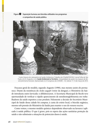 Figura ⓫ Exposição humana aos biocidas utilizados nos programas
Agrotóxicos e saúde ambiental




                                                   e campanhas de saúde pública.




                                             Fonte: Arquivo do Laboratório de Saúde, Ambiente e Trabalho do CPqAM/FIOCRUZ, Jornal Folha de São
                                            Paulo, s/d. In: Augusto, L.G.S. Saúde Ambiental no Território - Integralidade das ações nos espaços de de-
                                            senvolvimento humano. Apresentado no V Congresso do COSEMS – CE, Sobral, 11-13 de março de 2010.



                                        Fracasso geral do modelo, segundo Augusto (1998), mas mesmo assim ele perma-
                                     nece. Diante da resistência do Aedes aegypti (vetor da dengue), o Ministério da Saú-
                                     de introduziu outro larvicida: o diflubenzuron. A Secretaria Municipal de Recife teve
                                     oportunidade de verificar o rápido aparecimento de metahemoglobinemia em traba-
                                     lhadores da saúde expostos a esse produto. Felizmente a decisão do Secretário Muni-
                                     cipal de Saúde dessa cidade foi comprar, à custa do erário local, o biocida orgânico,
                                     mesmo sob pressão do Ministério da Saúde para manter o uso do veneno nocivo.
                                        Como vemos, o mesmo modelo químico-dependente observado na lavoura é apli-
                                     cado à saúde pública. O que é grave, pois se espera das ações sanitárias proteção da
                                     saúde e não submissão a situações de potenciais danos à saúde.


                                96    dossiê abrasco | parte 2
 