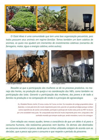 Horta                                          Quintal Produtivo                             Adutora e Caixa D’água


     O Oziel Alves é uma comunidade que tem uma boa organização pecuarista, pois
todos possuem seus animais em regime familiar. Temos também um bom coletivo de
animais, os quais nos ajudam em momentos de investimentos coletivos (consertos da
forrageira, motor, água e energia coletiva, entre outros).




Criação de gado individual                                         Curral de gado coletivo


     Ressalte-se que a participação das mulheres se dá no processo produtivo, no ma-
nejo das hortas, na produção do queijo e na coordenação dos NB’s, como também na
participação das lutas. Garantir a participação das mulheres, dos jovens e de toda a
família na produção e na composição de renda é o princípio da agroecologia.                                                    179
                                                                                                                                __

                   Eu, Elisabete Pereira, tenho 33 anos e estou há 5 anos na luta. Fui moradora do antigo proprietário dessa
                                                                                                                                Construindo e ecologia de saberes | Vozes dos Territórios




                    fazenda, e a luta pela terra foi muito importante para mim, pois foi um grande privilégio porque conheci
                    outras experiências de outras comunidades, participei e participo de muitas lutas junto ao MST na busca
                  por uma sociedade mais justa. Ter conquistado essa terra foi muito importante para mim; conquistei a tão
                                            sonhada moradia que sempre soube que, sendo moradora, nunca iria conseguir.


     Com relação aos nossos açudes, temos a consciência de que um deles é só para o
consumo humano, não realizamos pescarias nem banhos. Os demais são destinados
ao consumo animal e à pesca, desde que as linhas utilizadas estejam de acordo com as
decisões, que a pesca seja para o consumo e que respeite o período da piracema.
 