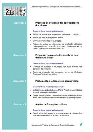 Dossiê do professor – Avaliação de desempenho dos docentes




Separador 6           Processo de avaliação das aprendizagens
                      dos alunos

                   Documentos a colocar pelo docente:
              •    Fichas de avaliação e respectivas grelhas de correcção.
              •    Fichas de auto-avaliação dos alunos.
              •    Outros instrumentos de avaliação.
              •    Fichas de registo de elementos de avaliação utilizadas
                   pelo docente em consonância com os critérios aprovados
                   pelos órgãos competentes da escola.


Separador 7           Progresso dos resultados escolares dos
                      diferentes alunos

                   Documentos a colocar pelo docente:
              •    Gráficos de sucesso / insucesso das suas turmas nos
                   períodos de avaliação
              •    Dados da prestação das turmas em provas de aferição /
                   Exames / Testes intermédios


Separador 8           Participação do docente no agrupamento

                   Documentos a colocar pelo docente:
              •    Listagem das actividades do Plano Anual de Actividades
                   em que o docente participou.
              •    Cópia das propostas, relatórios e outros materiais produ-
                   zidos pelo docente quer individualmente quer em parceria.


Separador 9           Acções de formação contínua

                   Documentos a colocar pelo docente:
              •    Certificados de frequência e avaliação em Acções de for-
                   mação creditadas na sua Área de docência.




                  Agrupamento Vertical de Escolas de Couto de Cucujães     5
 