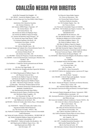 COALIZÃO NEGRA POR DIREITOS
101.Ile Ọyá Toningebé Fàrá Gèngbèlé – SP
102. IMUNE – Instituto de Mulheres Negras – MT
103. Innpd – Iniciativa Negra por Uma Nova Política Sobre Drogas –
Nacional
104.Instituto Afro Cultural da Amazônia
105. Instituto Afrolatinas – DF
106. Instituto AMMA Psique e Negritude – SP
107. Instituto Búzios – BA
108. Instituto Búzios – RJ
109. Instituto de Defesa da População Negra
110. Instituto de Mulheres Negras do Amapá
111. Instituto de Referência Negra Peregum – SP
112. Instituto do Negro Padre Batista – INPB
113. Instituto Equânime Afro Brasil – SP
114.Instituto Luiza Mahin – ILUMA
115. Instituto Mancala
116. Instituto Marielle Franco – RJ
117. Instituto Nangetu de Tradição Afro e Desenvolvimento Social – PA
118. Instituto Negro é Lindo
119. Instituto Omolara Brasil – SP
120. Instituto Steve Biko – BA
121. IPEAFRO – Instituto de Pesquisas e Estudos Afro-Brasileiros
122. IROHIN – Centro de Documentação, Comunicação e Memória Afro
Brasileira – BA
123.Jornalistas Pretos
124. Kombativa – Cooperativa Social Latinoamericana de Direitos
Humanos – SP
125. Kwe Ceja Togun Hunde – SP
126. MABE – Movimento dos Atingidos pela Base Espacial de Alcântara
– MA
127. Mahin Organização de Mulheres Negras – BA
128. Maracatu Ventos de Ouro
129. Marcha das Mulheres Negras de São Paulo
130.Marcha do Orgulho Crespo Ldna e Região
131. Maria Mulher Organização de Mulheres Negras
132. MNU – Movimento Negro Unificado – Nacional
133.Mocambo – Movimento Afrodescendente do Pará
134.MOVIDADE – Movimento Democrático Afrodescendente pela
Igualdade e Equidade Racial
135. Movimentação Juventude Negra Política
Movimento de Jovens Negros e Periféricos de Moju
136. Movimento Negro Evangélico – PE
137. Movimento Ser Ògá – SP
138. MPP – Movimento de Pescador e Pescadora de Ilha de Maré – BA
139. Mulheres de Axé do Brasil – MG
140.NEGRA – Núcleo de Estudos sobre Gênero, Raça, e Africanidades
(IFG)
141. NESEN/UFF – Núcleo de Estudos sobre Saúde e Etnia
Negra/Universidade Federal Fluminense
142. Nós Temos Um Sonho – #NTUS – MG
143. Núcleo de Estudantes Negres de Ciências Sociais da Universidade
Federal Fluminense
144. Núcleo de Estudos Africanos e Afro-brasileiros – NEAB/UFABC SP
145. Núcleo Estadual de Mulheres Negras do Espírito Santo
146. Ocupação Cultural Jeholu – SP
147. ONDJANGO – Núcleo de Estudos Afro-Brasileiros – RJ
148. Organização de Mulheres Negras Ativas – MG
149. Organização Luiza Mahin – BA
150. Os Crespos – SP
151.Ponto de Cultura Rádio Capoeira
152. Pretas em Movimento – MG
153. Pretaria.Org | Coletivo Pretaria
154.Pretas Paridas de Amazônia
155. Pré-Vestibular Popular +Nos – RJ
156. Pretos no Direito
157. Proceso de Comunidades Negras en Colombia
158. PVNC – Pré-Vestibular para Negros e Carentes – RJ
159. Quilombo Ciência
160.Quilombo PCD
161. Quilombo Rio dos Macacos – BA
162. Rede de Historiadorxs Negrxs – Nacional
163.Rede de Mulheres de Terreiro da Bahia
164. Rede de Mulheres Negras – PA
165. Rede de Mulheres Negras – PR
166. Rede de Mulheres Negras de Alagoas
167. Rede de Mulheres Negras de Pernambuco
168. Rede Nacional de Negras e Negros LGBT
169. Rede Nacional da Promoção e Controle da Saúde de Lésbicas
Bissexuais Transexuais Negras – REDE SAPATA
170. Rede Ubuntu de Educação Popular – SP
171. RENAFRO – Rede Nacional de Religiões Afro Brasileiras e Saúde –
Nacional
171. SANKOFa
172. Sociedade Protetora dos Desvalidos – SPD – BA
173. Sotrayoruba
174. Terreiro do Cobre – BA
175. Toco Filmes – SP
176. UBUNTU – Baixo Tocantins/PA
177. UBUNTUFF-Coletivo de estudantes pretas e pretos da UFF Angra
dos Reis
178. UNEafro Brasil – Nacional
179. UNEGRO – União de Negros pela Igualdade – Nacional
PARCEIROS/ ALIADOS
180. Afronte – SP
181. Akanni – Instituto de Pesquisa e Assessoria em Direitos Humanos,
Gênero, Raça e Etnias – RS
182. Assessoria Popular Maria Felipa – MG
183. Associação Franciscana de Defesa de Direitos e Formação Popular –
SP
184. Associação Projetos Integrados de Desenv. Sustentável – PIDS
(NUDDH infância e juventude) – SP
185. Associação Recreativa e Cultural Afro Nação das Almas de Angola
José Pilintra da Lapa
186. Centro de Atividades Culturais Econômicas e Sociais (CACES) – RJ
187. Centro de Cultura e Direitos Humanos – SP
188. Cia dos Comuns – RJ
189. Cia Passinho Carioca – RJ
190. Clínica de Direitos Humanos Luis Gama
191 Coletivo 4 de Novembro – BA
192. Coletivo Amazônico LesBiTrans – PA
193. Coletivo Feminista Classista Maria vai com as Outras
194. Conectas Direitos Humanos
195. Cooperifa – SP
196. Consciência em Movimento
197. CPP – Conselho Pastoral dos Pescadores – BA
198.Cursinho Popular Risoflora – ES
199. Eu Sou Fruto de Favela – PE
200. Federação e Instituto Cultural de São Benedito
 