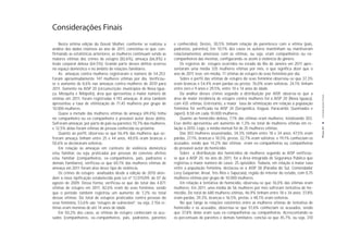 Considerações Finais
    Nesta sétima edição do Dossiê Mulher, conforme se realizou a       e conhecidos). Destes, 30,5% tinham relação de parentesco com a vítima (pais,
análise dos dados relativos ao ano de 2011, constatou-se que, con-     padrastos, parentes). Em 10,1% dos casos os autores mantinham ou mantiveram
firmando as estatísticas anteriores, as mulheres continuam sendo as    relacionamentos amorosos com as vítimas, ou seja, eram companheiros ou ex-
maiores vítimas dos crimes de estupro (82,6%), ameaça (66,8%) e        companheiros das mesmas, configurando-se assim a violência de gênero.
lesão corporal dolosa (64,5%). Grande parte desses delitos ocorreu         Os registros de estupro ocorridos no estado do Rio de Janeiro em 2011 apre-
no espaço doméstico e no âmbito de relações familiares.                sentaram uma média 335 mulheres vítimas por mês, o que significa dizer que o
    As ameaças contra mulheres registraram o número de 54.253.         ano de 2011 teve, em média, 11 vítimas de estupro do sexo feminino por dia.
Foram aproximadamente 147 mulheres vítimas por dia. Verificou-             Sobre o perfil das vítimas de estupro do sexo feminino observou-se que 37,3%
se o aumento de 8,6% nas ameaças contra mulheres de 2010 para          eram brancas e 54,4% eram pardas ou pretas; 76,0% eram solteiras; 24,1% tinham
2011. Somente na AISP 20 (circunscrição: municípios de Nova Igua-      entre zero e 9 anos e 29,5%, entre 10 e 14 anos de idade.
çu, Mesquita e Nilópolis), área que apresentou o maior número de           Da análise desses crimes segundo a distribuição por AISP, observa-se que a




                                                                                                                                                               Considerações Finais
vítimas em 2011, foram registradas 4.193 ameaças. A área também        área de maior incidência de estupro contra mulheres foi a AISP 20 (Nova Iguaçu),
apresentou a taxa de vitimização de 71,45 mulheres por grupo de        com 435 vítimas. Entretanto, a maior taxa de vitimização em relação à população
10.000 mulheres.                                                       feminina foi verificada na AISP 24 (Seropédica, Itaguaí, Paracambi, Queimados e
    Quase a metade das mulheres vítimas de ameaça (49,4%) tinha        Japeri): 8,58 em cada 10.000 mulheres.
no companheiro ou ex-companheiro o provável autor desse delito.            Quanto ao homicídio doloso, 7,1% das vítimas eram mulheres, totalizando 303.
Sofreram ameaças por parte de pais ou parentes 10,7% das mulheres,     Esse delito apresentou um aumento de 1,3% no total de mulheres vítimas em re-




                                                                                                                                                              PÁGINA 43
e 12,5% delas foram vítimas de pessoa conhecida ou próxima.            lação a 2010. Logo, a média mensal foi de 25 mulheres vítimas.
    Quanto ao perfil, observou-se que 56,4% das mulheres que so-           Das 303 mulheres assassinadas, 34,3% tinham entre 18 e 34 anos; 47,5% eram
freram ameaça tinham entre 25 e 44 anos, 48,0% eram brancas e          pardas, 27,1%, brancas e 18,5%, pretas; 32,7% eram solteiras; e 19,1% conheciam os
50,6% se declararam solteiras.                                         acusados, sendo que 14,2% das vítimas eram ex-companheiras ou companheiras
    Em relação às ameaças em contexto de violência doméstica           do provável autor do homicídio.
e/ou familiar, ou seja, praticadas por pessoas do convívio afetivo         Sobre a distribuição dos homicídios de mulheres segundo as AISP verificou-
e/ou familiar (companheiros, ex-companheiros, pais, padrastos e        se que a AISP 20, no ano de 2011, foi a Área Integrada de Segurança Pública que
demais familiares), verificou-se que 60,1% das mulheres vítimas de     registrou o maior número de casos: 25 episódios. Todavia, em relação à maior taxa
ameaça em 2011 foram alvo desse tipo de violência.                     entre a população feminina, destacou-se a AISP 38 (Paraíba do Sul, Comendador
    Os crimes de estupro analisados desde a edição de 2010 aten-       Levy Gasparian, Areal, Três Rios e Sapucaia), região do interior do estado, com 0,75
dem à nova tipificação estabelecida pela Lei nº 12.015/09, de 07 de    mulheres vítimas por grupo de 10.000 mulheres.
agosto de 2009. Dessa forma, verificou-se que do total das 4.871           Em relação à tentativa de homicídio, observou-se que 16,0% das vítimas eram
vítimas de estupro em 2011, 82,6% eram do sexo feminino, sendo         mulheres. Em 2011, uma média de 56 mulheres por mês sofreram tentativa de ho-
que o período também registrou um aumento de 7,2% no total             micídio. Do total de 680 mulheres vítimas, 46,9% tinham entre 18 e 34 anos; 37,8%
dessas vítimas. Do total de estupros praticados contra pessoas do      eram pardas, 39,3%, brancas e 16,5%, pretas; e 48,1% eram solteiras.
sexo feminino, 53,6% são “estupro de vulnerável”, ou seja, 2.156 ví-       No que tange às relações existentes entre as mulheres vítimas de tentativa de
timas eram meninas de até 14 anos de idade.                            homicídio e os acusados, observou-se que 51,6% conheciam os acusados, sendo
    Em 50,2% dos casos, as vítimas de estupro conheciam os acu-        que 37,8% delas eram suas ex-companheiras ou companheiras. Acrescentando-se
sados (companheiros, ex-companheiros, pais, padrastos, parentes        os percentuais de parentes e demais familiares, conclui-se que 45,7%, ou seja, 310
 