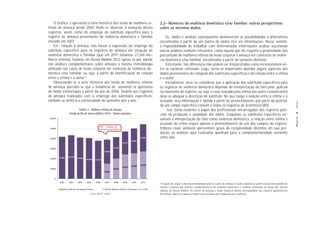 O Gráfico 2 apresenta a série histórica dos totais de mulheres ví-                                   2.2- Números da violência doméstica e/ou familiar: outras perspectivas
timas de ameaça desde 2002. Pode-se observar a evolução desses                                           sobre os mesmos dados.
registros, assim como do emprego do subtítulo específico para o
registro de ameaça proveniente de violência doméstica e familiar                                             Os dados e análises subsequentes demonstram as possibilidades e alternativas
iniciado em 2007.                                                                                        encontradas a partir de um banco de dados rico em informações. Nesse sentido,
    Em relação à ameaça, não houve a supressão do emprego do                                             a impossibilidade de trabalhar com determinadas informações acabou suscitando
subtítulo específico para os registros de ameaça em situação de                                          outras análises também relevantes, como aquela que diz respeito à proximidade dos
violência doméstica e familiar (que em 2011 totalizou 27.246 mu-                                         percentuais de mulheres vítimas de lesão corporal e ameaça em contextos de violên-
lheres vítimas). Todavia, no Dossiê Mulher 2012 optou-se por adotar                                      cia doméstica e/ou familiar, encontrados a partir de variáveis distintas.
nas análises complementares sobre ameaça a mesma metodologia                                                 Entretanto, tais diferenças não podem ser interpretadas como inconsistência en-
utilizada nos casos de lesão corporal em contexto de violência do-                                       tre as variáveis utilizadas. Logo, torna-se importante abordar alguns aspectos dos
méstica e/ou familiar, ou seja, a partir da identificação da relação                                     dados provenientes do cômputo dos subtítulos específicos e da relação entre a vítima
entre a vítima e o autor.6                                                                               e o autor.
    Observando-se a série histórica dos totais de mulheres vítimas                                           Inicialmente, deve-se considerar que a aplicação dos subtítulos específicos para
de ameaça, percebe-se que a tendência de aumento se apresenta                                            os registros de violência doméstica depende da interpretação do fato pelo policial
de modo ininterrupto a partir do ano de 2006. Quanto aos registros                                       no momento do registro, ou seja, o caso relatado pela vítima (ou outro comunicante)
de ameaça realizados com o emprego dos subtítulos específicos,                                           deve se adequar à descrição do subtítulo. No que tange à relação entre a vítima e o
também se verifica a continuidade do aumento ano a ano.                                                  acusado, essa informação é obtida a partir do preenchimento, por parte do policial,




                                                                                                                                                                                                                              Anexos
                                                                                                         de um campo específico comum a todos os registros de ocorrência (RO).
                           Gráﬁco 2 – Mulheres Vítimas de Ameaça                                              Isso torna evidente o papel dos profissionais encarregados dos registros poli-
                   Estado do Rio de Janeiro (2002 a 2011) - Valores absolutos                            ciais na produção e qualidade dos dados. Enquanto os subtítulos específicos en-




                                                                                                                                                                                                                             PÁGINA 51
 60000                                                                                                   volvem a interpretação do fato como violência doméstica, a relação entre vítima e
                                                                                                         acusado do crime requer apenas o preenchimento de um dos campos do registro.
                                                 2007 - Criação de
 50000                                           subtítulos específ icos                                 Embora essas variáveis apresentem graus de complexidade distintos em sua pro-
                                                                                                         dução, as análises aqui realizadas apontam para a complementaridade existente
 40000                                                                                        27.007     entre elas.
                                                                                    24.587
                                                                           22.717


 30000                                                           21.242

                                                       23.955


         41.803   43.345
 20000                     40.910
                                    40.465    37.847

                                                                                              27.246
                                                                                    25.363
                                                                           24.310
 10000                                                           20.216
                                                       15.083


    0
         2002     2003     2004     2005      2006     2007      2008      2009     2010      2011       6
                                                                                                           A opção de seguir a mesma metodologia para os casos de ameaça e lesão corporal se justifica pela necessidade de
                                                                                                         manter o padrão das análises complementares da violência doméstica e familiar, realizadas ao longo das últimas
          Mulheres Vítimas de Ameaça-Outros            Total de Muheres Vítimas de Ameaça - Lei 11.340
                                                                                                         edições do Dossiê Mulher. Os crimes de ameaça e lesão corporal dolosa correspondem aos maiores quantitativos
                                        Fonte: DGTIT - PCERJ                                             de vítimas, dentre as quais os maiores percentuais são compostos por mulheres.
 