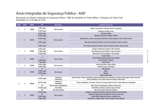 Áreas Integradas de Segurança Pública - AISP
Distribuição das Regiões Integradas de Segurança Pública - RISP, dos Batalhões de Polícia Militar e Delegacias de Polícia Civil
Atualizada em 13 de julho de 2012

 RISP   AISP    BPM           DP                 Município                                                            Unidade Territorial

                          9 (DP Legal)                                                                 Catete, Cosme Velho, Flamengo, Glória e Laranjeiras
  1       2     2ºBPM                           Rio de Janeiro
                          10 (DP Legal)                                                                             Botafogo, Humaitá e Urca
                          23 (DP Legal)                                                                                 Cachambi e Méier
                          24 (DP Legal)                                                                       Abolição, Encantado, Piedade e Pilares
                          25 (DP Legal)                                              Engenho Novo, Jacaré, Jacarezinho, Riachuelo, Rocha, Sampaio e São Francisco Xavier
  1       3     3ºBPM                           Rio de Janeiro
                          26 (DP Legal)                                                      Água Santa, Engenho de Dentro, Lins de Vasconcelos e Todos os Santos

                          44 (DP Legal)                                                     Del Castilho, Engenho da Rainha, Inhaúma, Maria da Graça e Tomás Coelho

                          6 (DP Legal)                                                                    Catumbi, Cidade Nova, Estácio e Rio Comprido




                                                                                                                                                                                               Anexos
  1       4     4ºBPM     17 (DP Legal)         Rio de Janeiro                                           Caju, Mangueira, São Cristóvão e Vasco da Gama
                          18 (DP Legal)                                                                      Maracanã, Praça da Bandeira e Tijuca (Parte)
                                1                                                                                            Centro (Parte)
                                4                                                                           Centro (Parte), Gamboa, Santo Cristo e Saúde




                                                                                                                                                                                              PÁGINA 59
  1       5     5ºBPM                           Rio de Janeiro
                           5 (DP Legal)                                                                                Centro (Parte) e Paquetá
                           7 (DP Legal)                                                                                      Santa Teresa
                          19 (DP Legal)                                                                            Alto da Boa Vista e Tijuca (Parte)
  1       6     6ºBPM                           Rio de Janeiro
                          20 (DP Legal)                                                                              Andaraí, Grajaú e Vila Isabel
                                72                                                                                           São Gonçalo
                           73(DP Legal)                                                                                          Neves
  4       7     7ºBPM                            São Gonçalo
                          74(DP Legal)                                                                                          Monjolo
                                75                                                                                       Ipiiba e Sete Pontes
                                                  Campos de             Quarto Distrito, Primeiro Subdistrito, Segundo Subdistrito, São Sebastião de Campos, Morangaba, Ibitioca, Serrinha,
                         134 (DP Legal)
                                                  Goytacazes                                       Dores de Macabu, Tocos, Santo Amaro de Campos e Mussurepe
                                                  Campos de
                         146 (DP Legal)                                         Terceiro Subdistrito, Travessão, Vila Nova de Campos, Morro do Coco, Santo Eduardo e Santa Maria
  6       8     8ºBPM                             Goytacazes
                              147         São Francisco de Itabapoana                                 São Francisco de Itabapoana, Maniva e Barra Seca
                         141 (DP Legal)           São Fidélis                                          São Fidelis, Cambiasca, Colonia, Ipuca e Pureza
                              145              São João da Barra                                           São João da Barra, Barcelos e Pipeiras
                         28 (DP Legal)                                                        Campinho, Cascadura, Praça Seca, Quintino Bocaiúva e Vila Valqueire
                               29                                                                 Cavalcanti, Engenheiro Leal, Madureira, Turiaçu e Vaz Lobo
  2       9     9ºBPM                           Rio de Janeiro
                         30 (DP Legal)                                                                 Bento Ribeiro, Marechal Hermes e Oswaldo Cruz
                         40 (DP Legal)                                                           Coelho Neto, Colégio (Parte), Honório Gurgel e Rocha Miranda
 