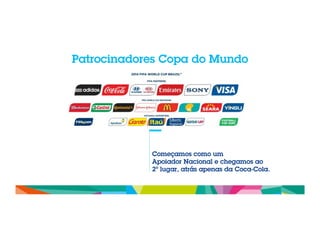 Patrocinadores Copa do Mundo 
Começamos como um 
Apoiador Nacional e chegamos ao 
2º lugar, atrás apenas da Coca-Cola. 
 