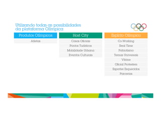 Utilizando todas as possibilidades 
da plataforma Olímpica 
Produtos Olímpicos Host City Espírito Olímpico 
Atletas Casas Oficiais 
Pontos Turísticos 
Mobilidade Urbana 
Eventos Culturais 
Co-Working 
Real Time 
Patriotismo 
Temas Universais 
Vitrine 
Oficial Protesters 
Esportes Esquecidos 
Parcerias 
 