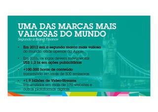 UMA DAS MARCAS MAIS 
VALIOSAS DO MUNDO 
Segundo a Brand Finance 
• Em 2012 era a segunda marca mais valiosa 
do mundo, atrás apenas da Apple. 
• Em 2016, os jogos devem movimentar 
US$ 1,2 bi em ações publicitárias 
• +100.000 horas de conteúdo 
transmitido em mais de 500 emissoras 
• +1.9 bilhões de Video-Streams 
transmitidos em mais de 170 websites e 
outras plataformas digitais 
 
