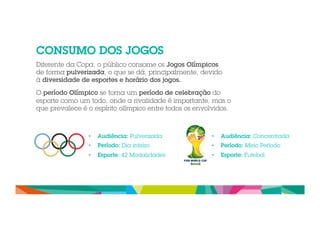CONSUMO DOS JOGOS 
Diferente da Copa, o público consome os Jogos Olímpicos 
de forma pulverizada, o que se dá, principalmente, devido 
à diversidade de esportes e horário dos jogos. 
O período Olímpico se torna um período de celebração do 
esporte como um todo, onde a rivalidade é importante, mas o 
que prevalece é o espírito olímpico entre todos os envolvidos. 
• Audiência: Pulverizada 
• Período: Dia inteiro 
• Esporte: 42 Modalidades 
• Audiência: Concentrada 
• Período: Meio Período 
• Esporte: Futebol 
 
