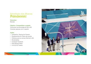 Estratégia das Marcas 
Panasonic 
Patrocínio 
Mundial" 
Objetivo: Compartilhar a paixão 
Comunicar sua tecnologia de 3D e HD" 
Conectar pessoas com o esporte " 
Ações: 
• Campanha: Sharing the Passion" 
• Equipamentos de Vídeo das arenas" 
• Câmeras para as arenas (Normal e 3D)" 
• Broadcasting" 
• Conteúdo Facebook" 
• Kids Witness News " 
• Full HD 3D Theatre" 
 
