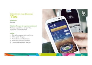 Estratégia das Marcas 
Visa 
Patrocínio 
Mundial" 
Objetivo: Serviços de pagamento (Mobile) 
Reforçar os produtos e serviços Visa." 
Apresentar o Mobile Payment." 
Ações: 
• Operações de pagamento nas Arenas" 
• ATMs na Vila Olímpica" 
• Promoção Mundial: Go London" 
• Team Visa: patrocínio de atletas" 
• Comunicação em todos os PDVs" 
 