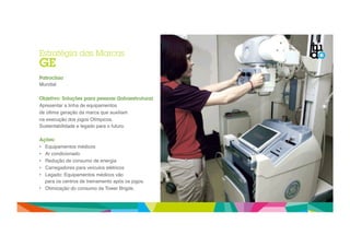 Estratégia das Marcas 
GE 
Patrocínio 
Mundial" 
Objetivo: Soluções para pessoas (Infraestrutura) 
Apresentar a linha de equipamentos " 
de última geração da marca que auxiliam " 
na execução dos jogos Olímpicos. " 
Sustentabilidade e legado para o futuro." 
Ações: 
• Equipamentos médicos" 
• Ar condicionado" 
• Redução de consumo de energia" 
• Carregadores para veículos elétricos" 
• Legado: Equipamentos médicos vão 
para os centros de treinamento após os jogos." 
• Otimização do consumo da Tower Brigde." 
 