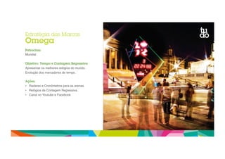 Estratégia das Marcas 
Omega 
Patrocínio 
Mundial" 
Objetivo: Tempo e Contagem Regressiva 
Apresentar os melhores relógios do mundo." 
Evolução dos marcadores de tempo." 
Ações: 
• Radares e Cronômetros para as arenas." 
• Relógios de Contagem Regressiva." 
• Canal no Youtube e Facebook" 
 