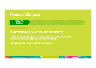 Fórmula Olímpica 
PRODUTO/ 
MARCA 
PARTICIPAÇÃO ATIVA DO PRODUTO 
! 
Todas as iniciativas devem ter como objetivo final a valorização " 
dos atributos dos produtos/serviços da Marca." 
" 
Adequação de forma criativa e inovadora.! 
 
