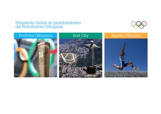 Utilizando todas as possibilidades 
da Plataforma Olímpica 
Produtos Olímpicos Host City Espírito Olímpico 
 