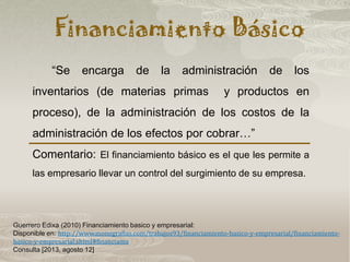 Financiamiento Básico
Guerrero Edixa (2010) Financiamiento basico y empresarial:
Disponible en: http://www.monografias.com/trabajos93/financiamiento-basico-y-empresarial/financiamiento-
basico-y-empresarial.shtml#financiama
Consulta [2013, agosto 12]
“Se encarga de la administración de los
inventarios (de materias primas y productos en
proceso), de la administración de los costos de la
administración de los efectos por cobrar…”
Comentario: El financiamiento básico es el que les permite a
las empresario llevar un control del surgimiento de su empresa.
 