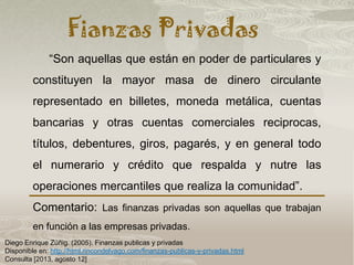 Fianzas Privadas
“Son aquellas que están en poder de particulares y
constituyen la mayor masa de dinero circulante
representado en billetes, moneda metálica, cuentas
bancarias y otras cuentas comerciales reciprocas,
títulos, debentures, giros, pagarés, y en general todo
el numerario y crédito que respalda y nutre las
operaciones mercantiles que realiza la comunidad”.
Comentario: Las finanzas privadas son aquellas que trabajan
en función a las empresas privadas.
Diego Enrique Zúñig. (2005). Finanzas publicas y privadas
Disponible en: http://html.rincondelvago.com/finanzas-publicas-y-privadas.html
Consulta [2013, agosto 12]
 