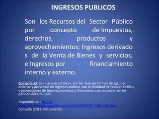 INGRESOS PUBLICOS
Son los Recursos del Sector Público
por
concepto
de Impuestos,
derechos,
productos
y
aprovechamientos; Ingresos derivado
s de la Venta de Bienes y servicios;
e Ingresos por
financiamiento
interno y externo.
Comentario: Los ingresos públicos son las diversas formas de agrupar
ordenar y presentar los ingresos público, con la finalidad de realizar análisis
y proyecciones de tipos económicos y financieros que requieren en un
periodo determinado
Disponible en : http://
www.eco-finanzas.com/diccionario/I/INGRESOS_PUBLICOS.htm
Consulta [2013, Octubre 30]

 
