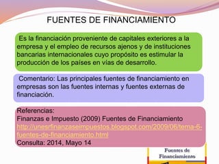 FUENTES DE FINANCIAMIENTO
Es la financiación proveniente de capitales exteriores a la
empresa y el empleo de recursos ajenos y de instituciones
bancarias internacionales cuyo propósito es estimular la
producción de los países en vías de desarrollo.
Comentario: Las principales fuentes de financiamiento en
empresas son las fuentes internas y fuentes externas de
financiación.
Referencias:
Finanzas e Impuesto (2009) Fuentes de Financiamiento
http://unesrfinanzaseimpuestos.blogspot.com/2009/06/tema-6-
fuentes-de-financiamiento.html
Consulta: 2014, Mayo 14
 