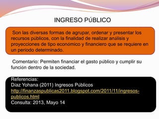INGRESO PÚBLICO
Son las diversas formas de agrupar, ordenar y presentar los
recursos públicos, con la finalidad de realizar análisis y
proyecciones de tipo económico y financiero que se requiere en
un período determinado.
Comentario: Permiten financiar el gasto público y cumplir su
función dentro de la sociedad.
Referencias:
Díaz Yohana (2011) Ingresos Públicos
http://finanzaspublicas2011.blogspot.com/2011/11/ingresos-
publicos.html
Consulta: 2013, Mayo 14
 