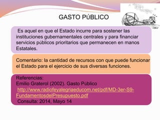 GASTO PÚBLICO
Es aquel en que el Estado incurre para sostener las
instituciones gubernamentales centrales y para financiar
servicios públicos prioritarios que permanecen en manos
Estatales.
Comentario: la cantidad de recursos con que puede funcionar
el Estado para el ejercicio de sus diversas funciones.
Referencias:
Emilio Graterol (2002). Gasto Público
http://www.radiofeyalegriaeducom.net/pdf/MD-3er-S9-
FundamentosdelPresupuesto.pdf
Consulta: 2014, Mayo 14
 