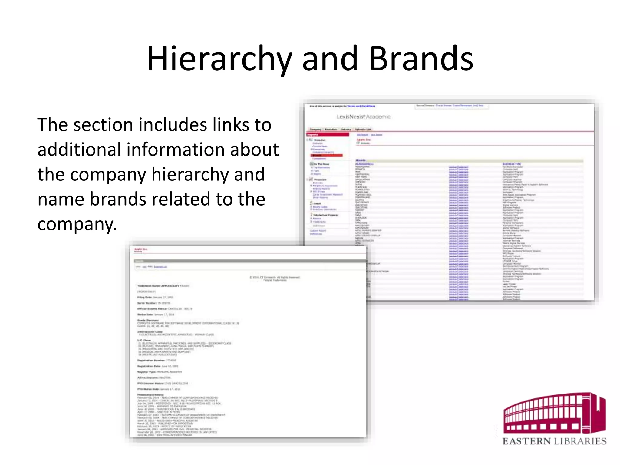 Hierarchy and Brands
The section includes links to
additional information about
the company hierarchy and
name brands related to the
company.
 
