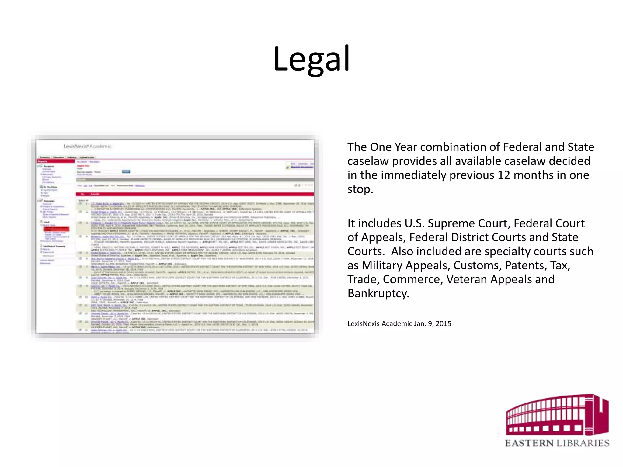 Legal
The One Year combination of Federal and State
caselaw provides all available caselaw decided
in the immediately previous 12 months in one
stop.
It includes U.S. Supreme Court, Federal Court
of Appeals, Federal District Courts and State
Courts. Also included are specialty courts such
as Military Appeals, Customs, Patents, Tax,
Trade, Commerce, Veteran Appeals and
Bankruptcy.
LexisNexis Academic Jan. 9, 2015
 