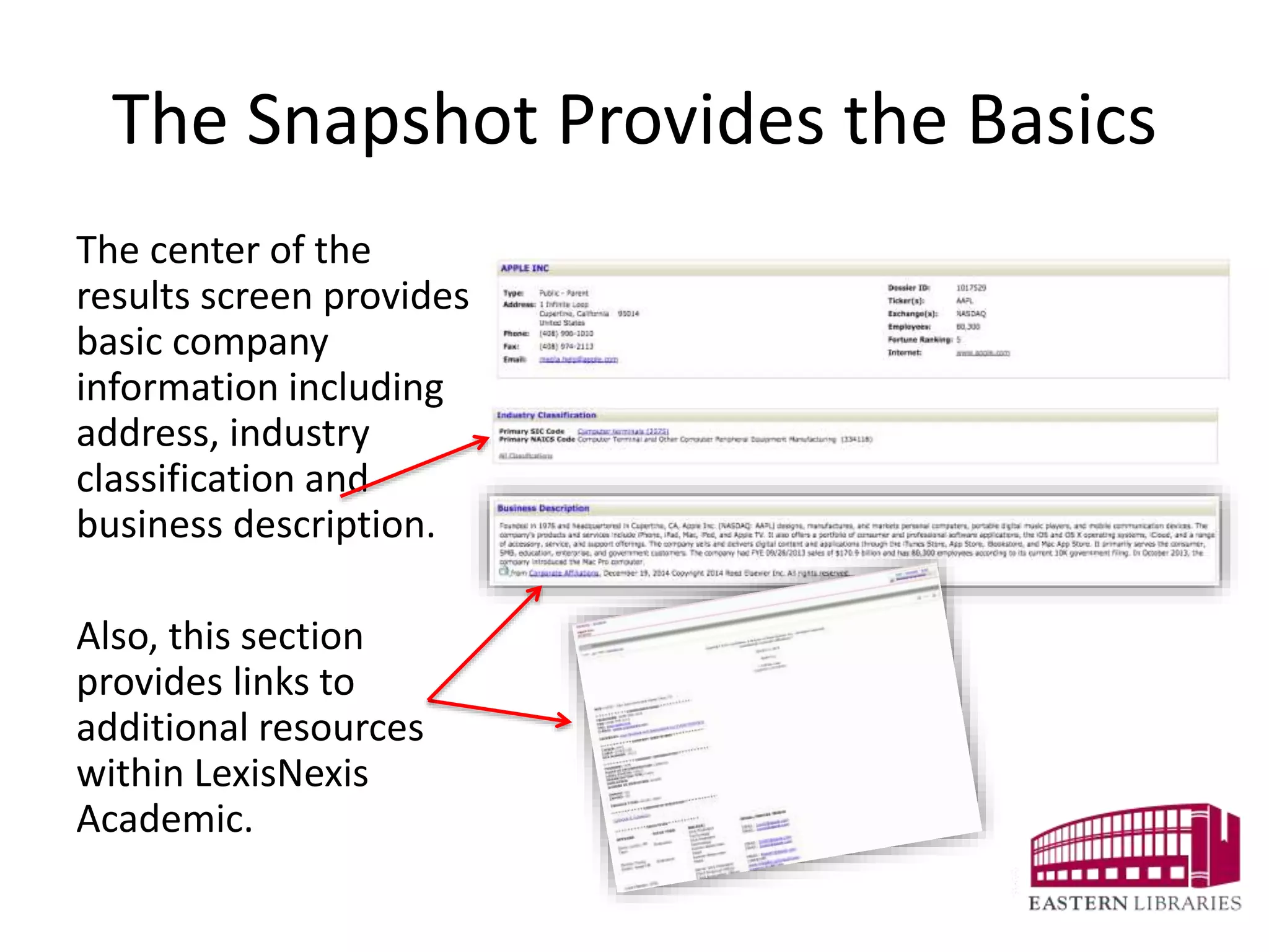 The Snapshot Provides the Basics
The center of the
results screen provides
basic company
information including
address, industry
classification and
business description.
Also, this section
provides links to
additional resources
within LexisNexis
Academic.
 