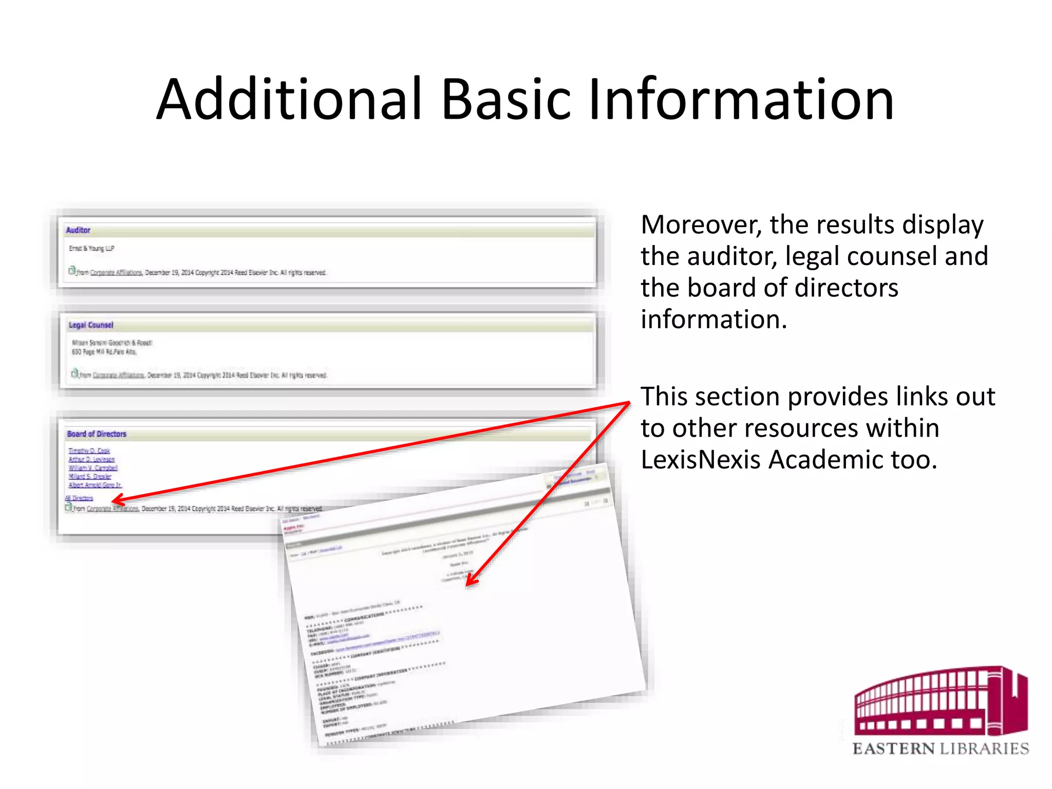Additional Basic Information
Moreover, the results display
the auditor, legal counsel and
the board of directors
information.
This section provides links out
to other resources within
LexisNexis Academic too.
 