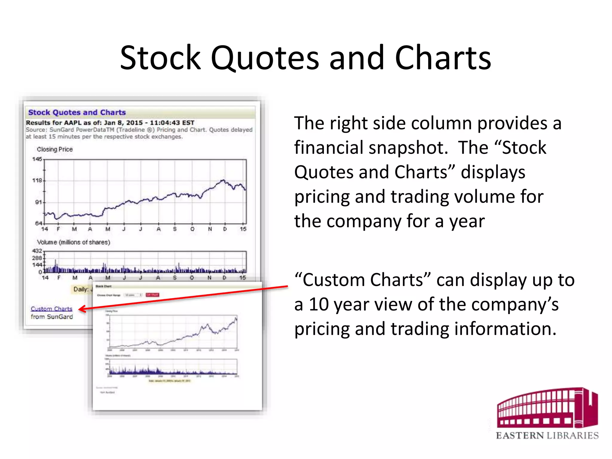 Stock Quotes and Charts
The right side column provides a
financial snapshot. The “Stock
Quotes and Charts” displays
pricing and trading volume for
the company for a year
“Custom Charts” can display up to
a 10 year view of the company’s
pricing and trading information.
 