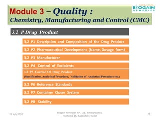 3.2 P4 Control of Excipients
26 July 2020
Biogain Remedies Pvt. Ltd.; Patthardanda,
Tilottama-16, Rupandehi, Nepal
27
3.2 P1 Description and Composition of the Drug Product
3.2 P Drug Product
3.2 P8 Stability
3.2 P6 Reference Standards
3.2 P5 Control Of Drug Product
(Specification, Analytical Procedure, Validation of Analytical Procedure etc.)
3.2 P3 Manufacturer
3.2 P2 Pharmaceutical Development (Name, Dosage form)
Module 3 – Quality :
Chemistry, Manufacturing and Control (CMC)
3.2 P7 Container Closer System
 