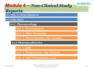 26 July 2020
Biogain Remedies Pvt. Ltd.; Patthardanda,
Tilottama-16, Rupandehi, Nepal
34
4.2.1 2. Safety Pharmacology
4.2 Study Report
4.1 Table of Content (Module 4)
4.2.1 3. Pharmacodynamics Drug Interaction
4.2.1 1. Pharmacodynamics
4.2.1 Pharmacology
4.2.2 2. Pharmacokinetics Drug Interaction
4.2.2 3. Other Pharmacokinetics Study
4.2.2 1. ADME
4.2.2 Pharmacokinetics
Module 4 – Non-Clinical Study
Reports
 