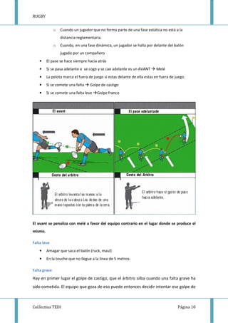 RUGBY
Col.lectius TEDI Página 10
o Cuando un jugador que no forma parte de una fase estática no está a la
distancia reglamentaria.
o Cuando, en una fase dinámica, un jugador se halla por delante del balón
jugado por un compañero
• El pase se hace siempre hacia atrás
• Si se pasa adelante o se coge y se cae adelante es un AVANT Melé
• La pelota marca el fuera de juego si estas delante de ella estas en fuera de juego.
• Si se comete una falta Golpe de castigo
• Si se comete una falta leve Golpe franco
El avant se penaliza con melé a favor del equipo contrario en el lugar donde se produce el
mismo.
Falta leve
• Amagar que saca el balón (ruck, maul)
• En la touche que no llegue a la línea de 5 metros.
Falta grave
Hay en primer lugar el golpe de castigo, que el árbitro silba cuando una falta grave ha
sido cometida. El equipo que goza de eso puede entonces decidir intentar ese golpe de
 