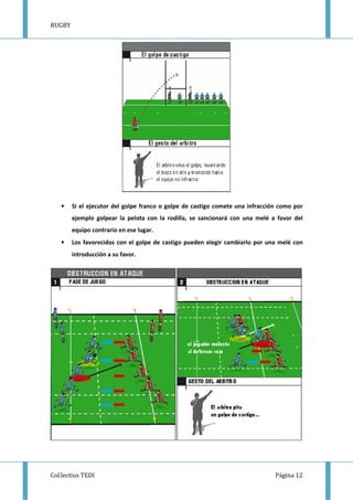 RUGBY
Col.lectius TEDI Página 12
• Si el ejecutor del golpe franco o golpe de castigo comete una infracción como por
ejemplo golpear la pelota con la rodilla, se sancionará con una melé a favor del
equipo contrario en ese lugar.
• Los favorecidos con el golpe de castigo pueden elegir cambiarlo por una melé con
introducción a su favor.
 