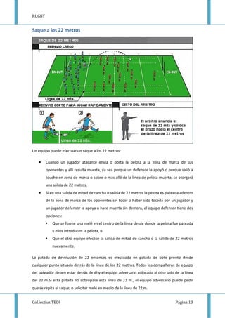 RUGBY
Col.lectius TEDI Página 13
Saque a los 22 metros
Un equipo puede efectuar un saque a los 22 metros:
• Cuando un jugador atacante envía o porta la pelota a la zona de marca de sus
oponentes y allí resulta muerta, ya sea porque un defensor la apoyó o porque salió a
touche en zona de marca o sobre o más allá de la línea de pelota muerta, se otorgará
una salida de 22 metros.
• Si en una salida de mitad de cancha o salida de 22 metros la pelota es pateada adentro
de la zona de marca de los oponentes sin tocar o haber sido tocada por un jugador y
un jugador defensor la apoya o hace muerta sin demora, el equipo defensor tiene dos
opciones:
Que se forme una melé en el centro de la línea desde donde la pelota fue pateada
y ellos introducen la pelota, o
Que el otro equipo efectúe la salida de mitad de cancha o la salida de 22 metros
nuevamente.
La patada de devolución de 22 entonces es efectuada en patada de bote pronto desde
cualquier punto situado detrás de la línea de los 22 metros. Todos los compañeros de equipo
del pateador deben estar detrás de él y el equipo adversario colocado al otro lado de la línea
del 22 m.Si esta patada no sobrepasa esta línea de 22 m., el equipo adversario puede pedir
que se repita el saque, o solicitar melé en medio de la línea de 22 m.
 