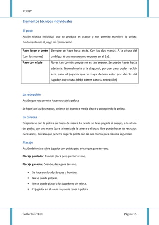 RUGBY
Col.lectius TEDI Página 15
Elementos técnicos individuales
El pase
Acción técnica individual que se produce en ataque y nos permite transferir la pelota
fundamentando el juego de colaboración
Pase largo o corto
(con las manos)
Siempre se hace hacia atrás. Con las dos manos. A la altura del
ombligo. A una mano como recurso en el 1x1.
Pase con el pie No es tan común porque no es tan seguro. Se puede hacer hacia
adelante. Normalmente a la diagonal, porque para poder recibir
este pase el jugador que lo haga deberá estar por detrás del
jugador que chuta. (debe correr para su recepción)
La recepción
Acción que nos permite hacernos con la pelota.
Se hace con las dos manos, delante del cuerpo a media altura y protegiendo la pelota.
La carrera
Desplazarse con la pelota en busca de marca. La pelota se lleva pegada al cuerpo, a la altura
del pecho, con una mano (para la inercia de la carrera y el brazo libre puede hacer los rechazos
necesarios). En caso que penetre coger la pelota con las dos manos para máxima seguridad.
Placaje
Acción defensiva sobre jugador con pelota para evitar que gane terreno.
Placaje perdedor: Cuando placa pero pierde terreno.
Placaje ganador: Cuando placa gana terreno.
• Se hace con los dos brazos u hombro.
• No se puede golpear.
• No se puede placar a los jugadores sin pelota.
• El jugador en el suelo no puede tener la pelota.
 