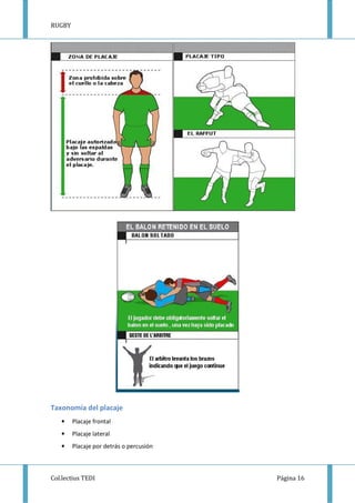 RUGBY
Col.lectius TEDI Página 16
Taxonomía del placaje
• Placaje frontal
• Placaje lateral
• Placaje por detrás o percusión
 