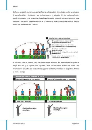 RUGBY
Col.lectius TEDI Página 21
Se forma un pasillo como muestra el gráfico. La pelota debe ir al medio del pasillo. La altura es
la que ellos elijan. Un jugador, que casi siempre es el talonador (2), del equipo defensor,
puede permanecer en la zona entre el pasillo y el lanzador, no puede intervenir solo está para
defender. Los demás jugadores estarán a 10 metros de esta formación excepto las medias
melés que pueden estar a 2 metros.
El saltador, salta en libertad, deja las piernas rectas mientras dos levantadores le ayudan a
llegar más alto y lo sujetan unos segundos. Hace una extensión máxima de brazos. Los
levantadores lo sujetan por los cuádriceps y por el pantalón por debajo de los glúteos. Ambos
al mismo tiempo.
 